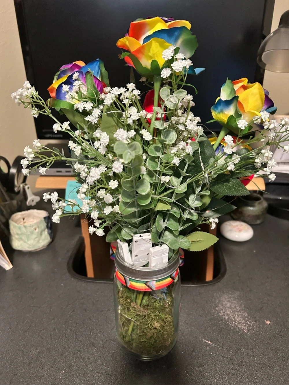 LARGE PRIDE/ALLY FAUX FLORAL ARRANGEMENT W/ 21’ OF FAIRY LIGHTS/HANDMADE/NWT
